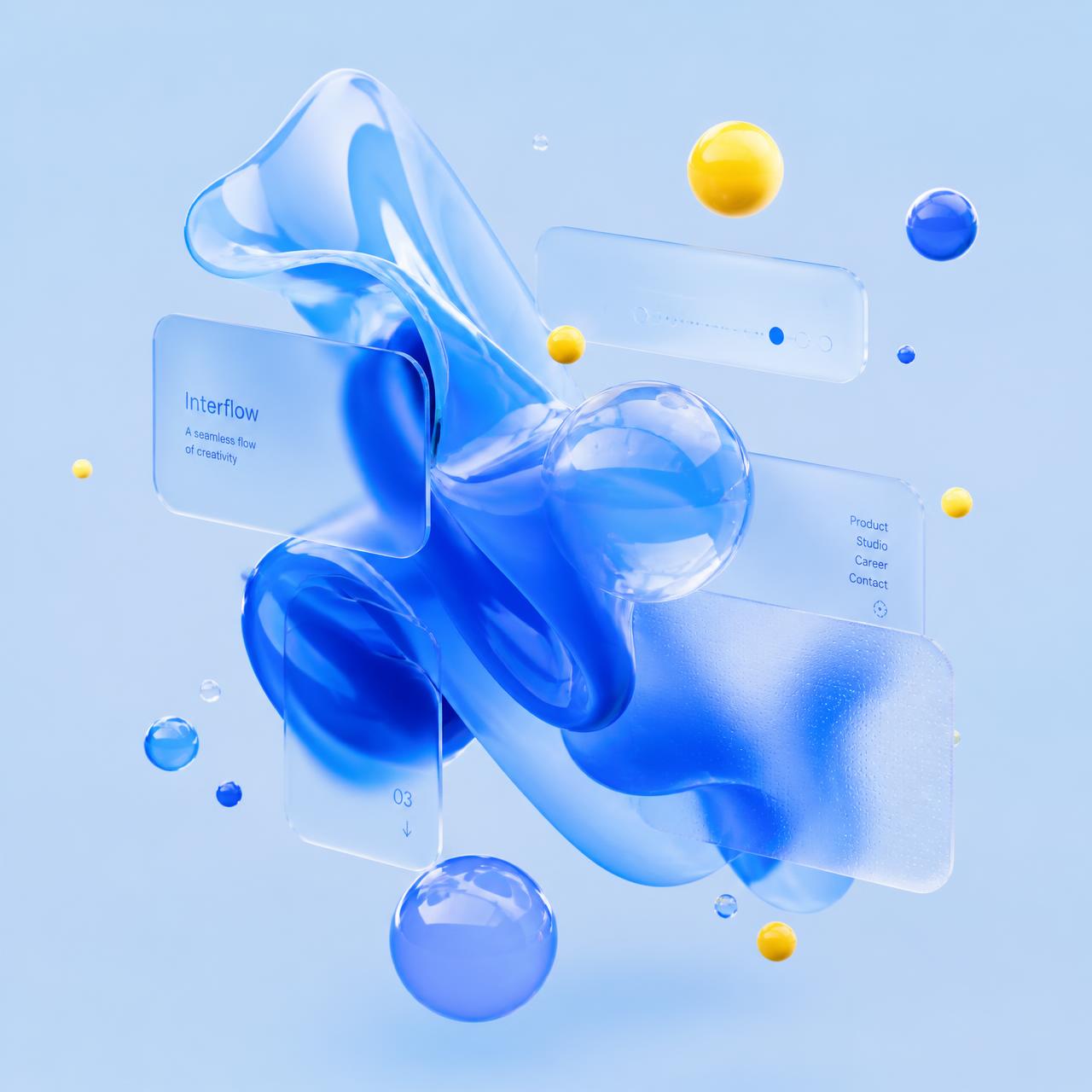 Composition 3D abstraite bleue et jaune illustrant le design digital de FABERT Design